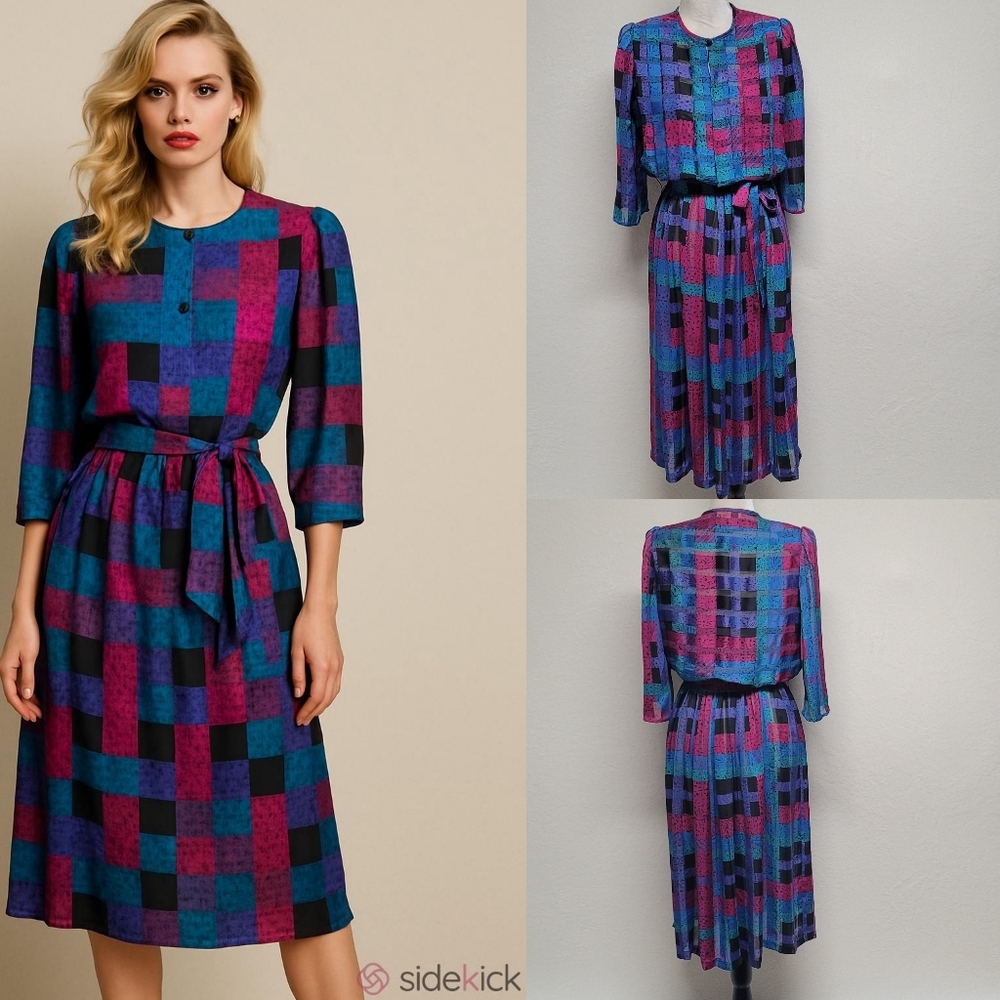 60s Vintage Jonathan Martin Retro Multi-color Wide Sleeve A-line Midi Dress 3/4